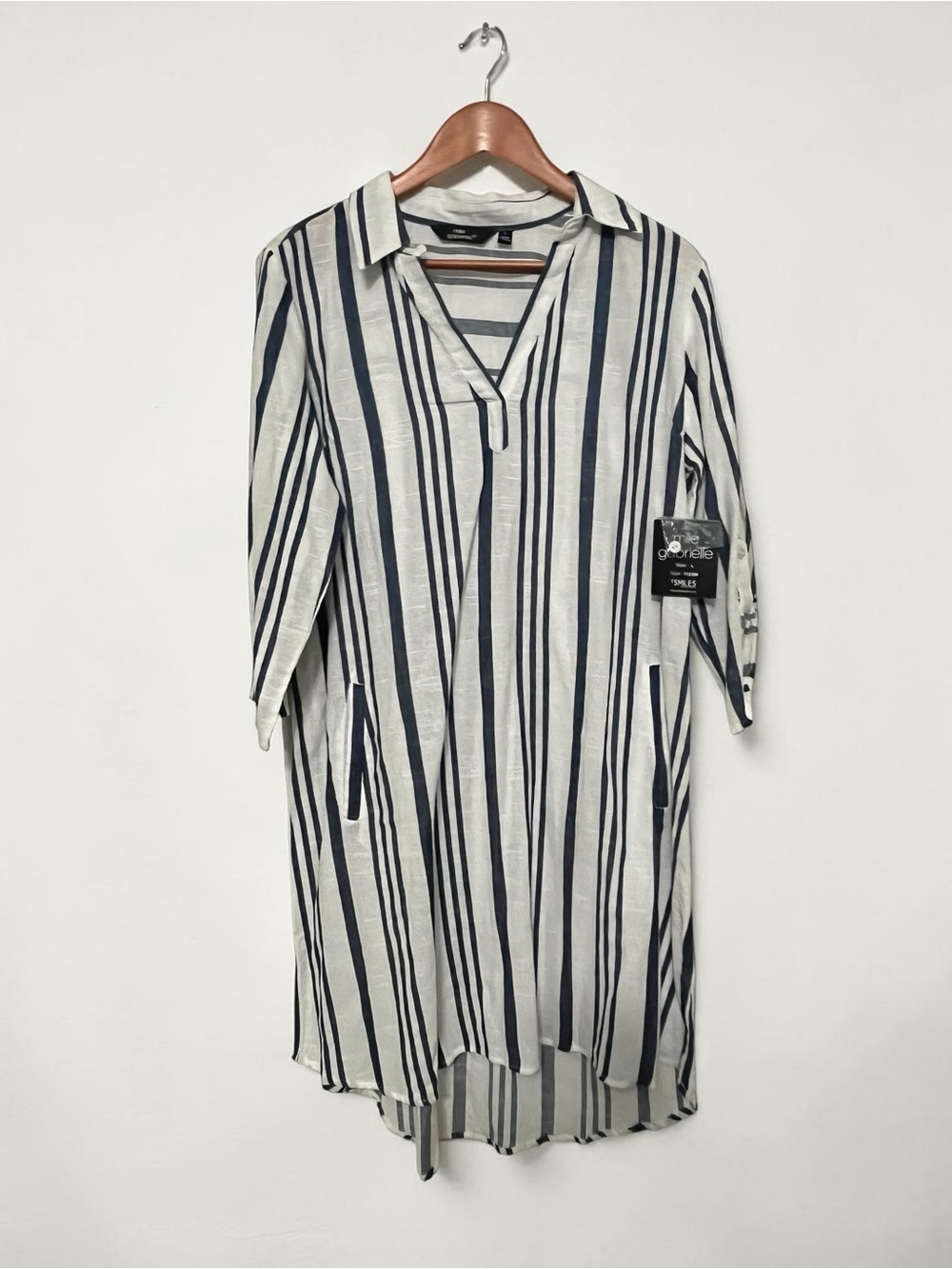 Mlle Gabrielle Lightweight 100% Cotton Coastal Stripe Tunic Dress 3/4 sleeve L